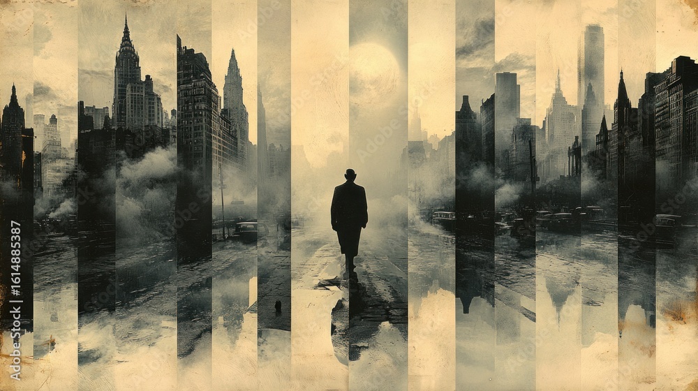 Obraz premium Image of a man walking in a city with a city skyline in the background