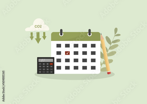 Carbon Emissions Tracking Calendar. Environmental planning, carbon footprint scheduling, and sustainability timeline management. Low carbon action plan. Net zero. Flat style. Vector illustration