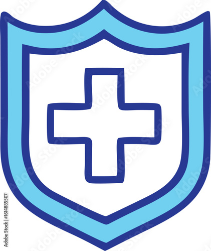 A stylized blue shield emblem featuring a white cross at its center symbolizing protection health and medical care services