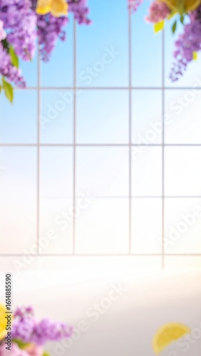 Soft Focus Pane Grid With Lilac Blossoms And Citrus Fruits Against A Pale Sky Background