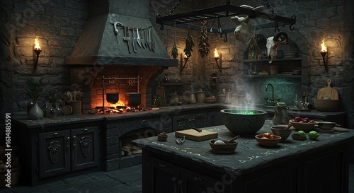 Enchanting alchemist's kitchen bustles with mystical potion brewing and ancient hearth warmth.
