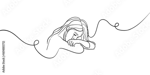 Girl crying, continious line drawing. Sadness, sorrow, period, disappointment outline. Vector illustration