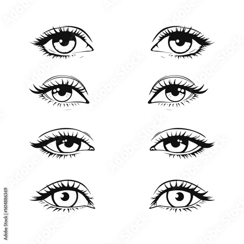 Female eye icons set, beauty eyelashes illustration, eyeliner makeup design, eye drawing collection, fashion sketch style