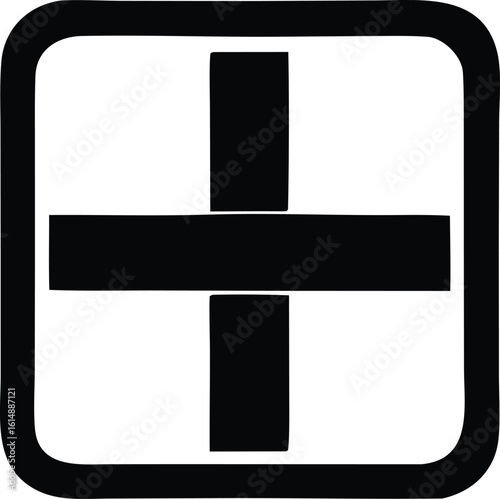 Simple black and white geometric symbol featuring a bold plus sign centered within a rounded square frame