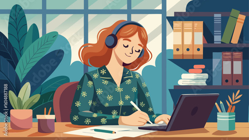 Young woman with headphones working on a laptop at a desk