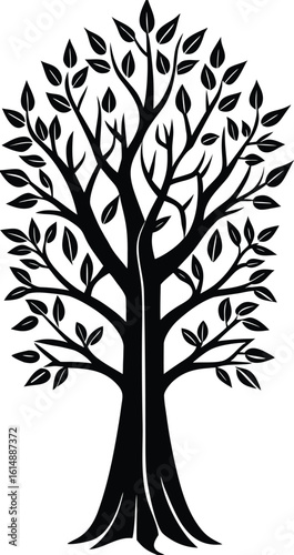 A stylized black silhouette of a large mature tree with a thick trunk and many branching limbs adorned with numerous leaves