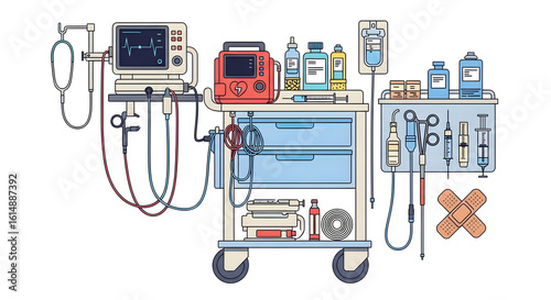 Detailed vector illustration of a hospital emergency crash cart, a collection of life-saving medical equipment and tools for resuscitation