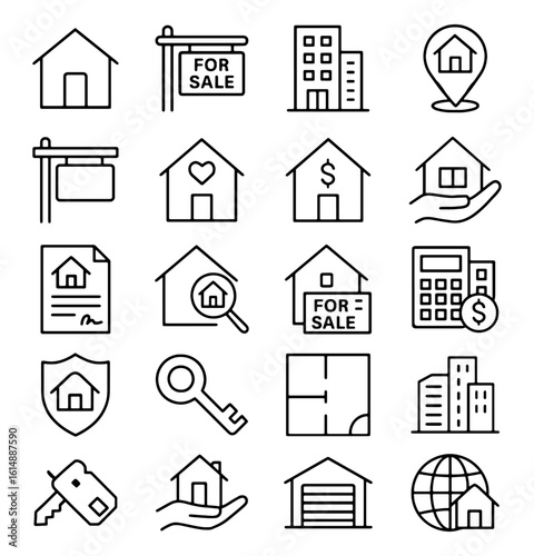 Collection of real estate icons depicting houses sales and properties
