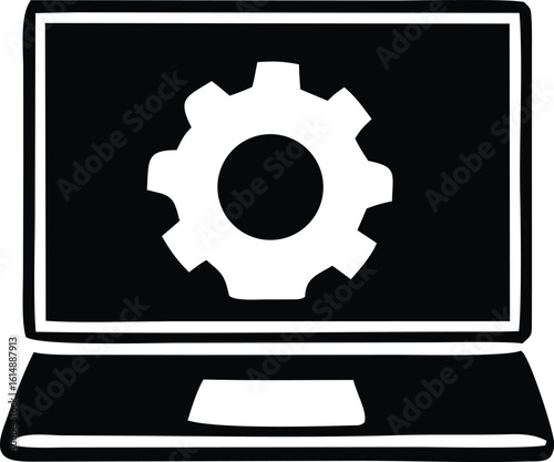 A stylized black and white illustration of an open laptop computer displaying a prominent white gear symbol on its screen