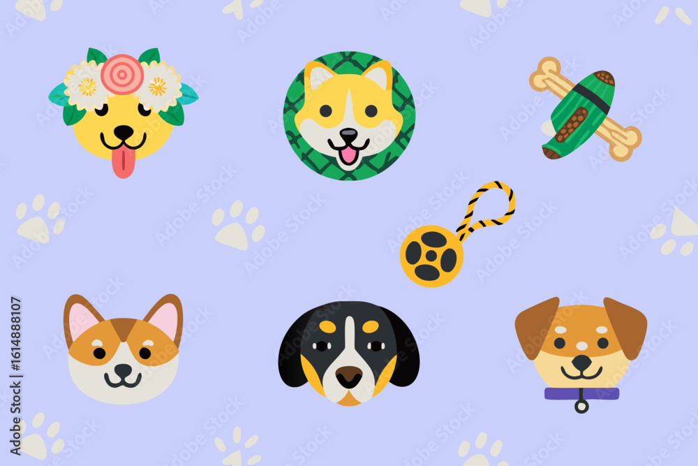 Fototapeta premium Adorable Dog Face Icons of Popular Breeds – Flat Vector Illustration