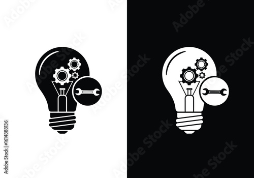 A stylized lightbulb icon with internal gears and an external wrench, symbolizing innovation, engineering, and problem-solving.