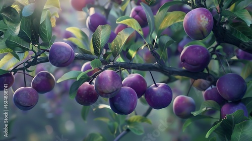 A plum tree with branches full of ripe plums