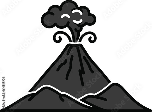 Volcano eruption vector icon. A simple black and white illustration of an active volcanic mountain with a smoke plume.