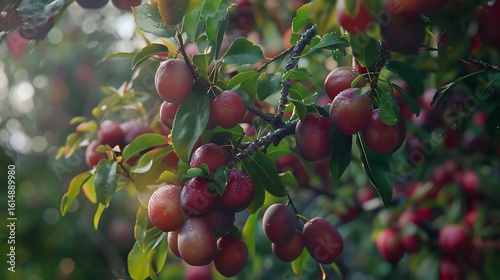 A plum tree with branches full of ripe plums