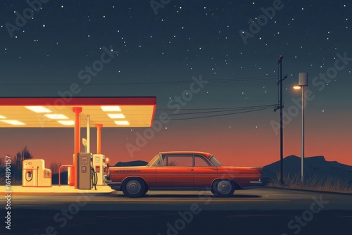 Vintage automobile at illuminated gas station under starry sky image