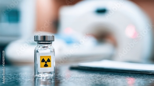 Nuclear medicine: radioactive vial with medical imaging equipment in background