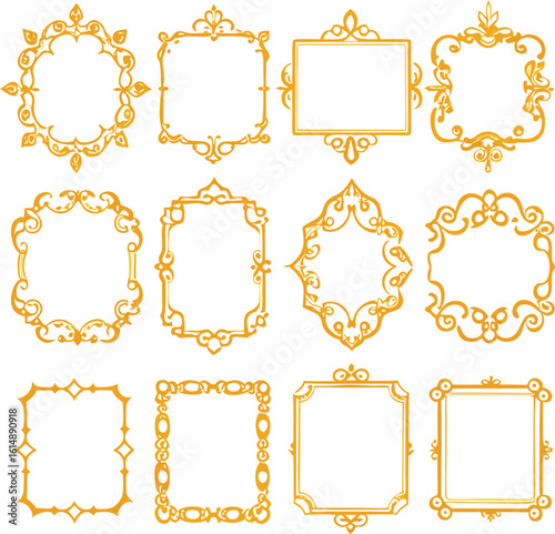 A collection of twelve ornate golden decorative frames and borders showcasing intricate baroque and rococo design elements perfect for elegant invitations and formal documents