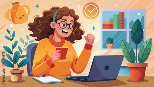 Excited woman celebrates success while working on her laptop