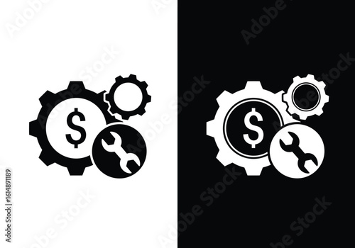 Black and white illustration of dollar sign gears with wrench, representing financial repair or optimization.
