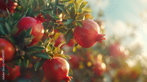 A pomegranate tree with bright red pomegranates