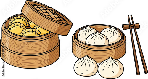 Delicious dim sum steaming in bamboo baskets with chopsticks ready