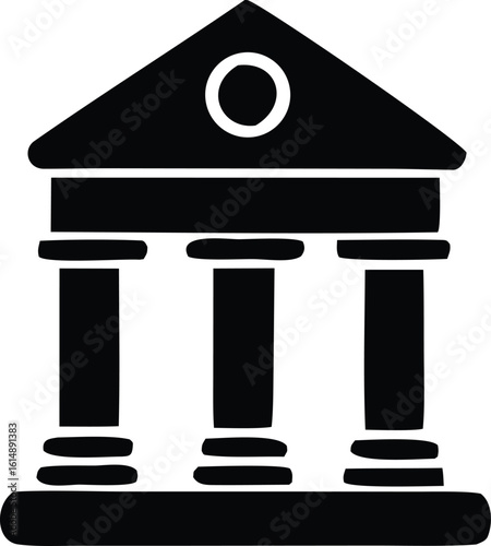 A simple black silhouette of a classical building with three prominent columns and a triangular pediment representing government or education