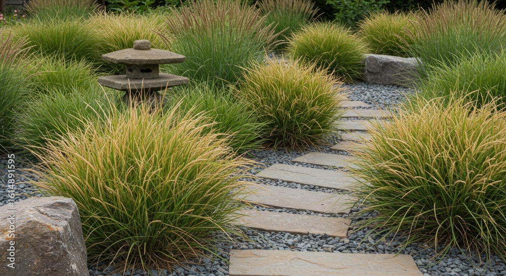Obraz premium Serene Japanese Garden: Stone Lantern, Ornamental Grasses, and Pathway