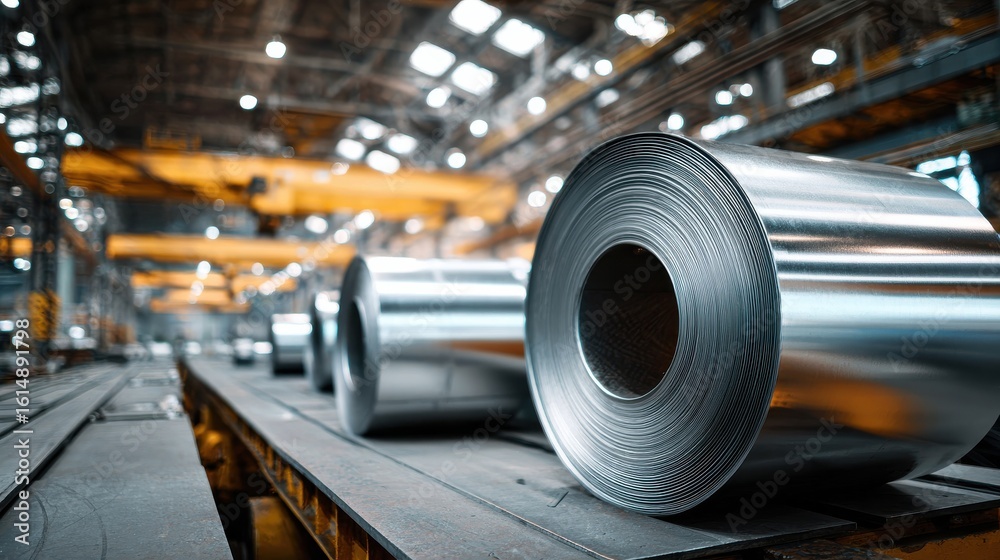Fototapeta premium Industrial Factory with Large Rolls of Steel Material in a Modern Warehouse Setting