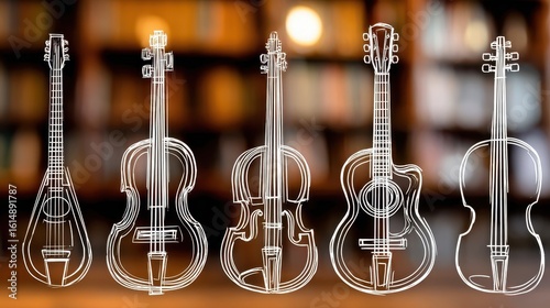 Various stringed instruments depicted in line art.