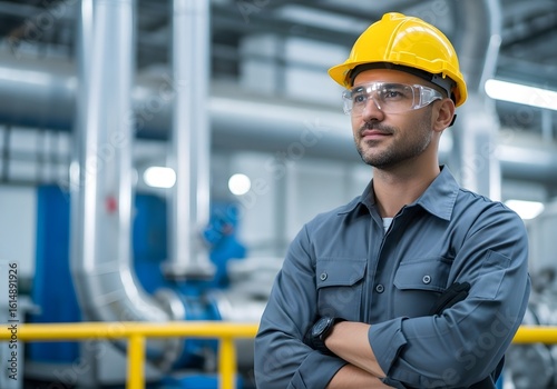 An engineer in a yellow hard hat and safety glasses looks off to the side