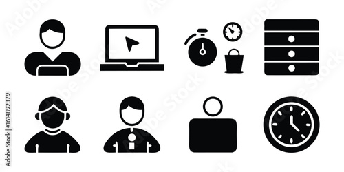 Vector art of a collection of business and office icons including people, laptop, and time management tools.