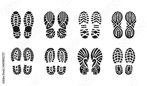 Shoe footprints, foot prints of sole and boot steps, vector silhouettes. Shoe footprint, boots imprints and barefoot footsteps,