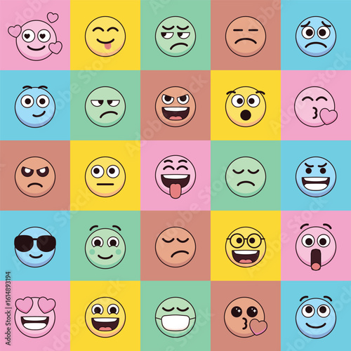 Emoji with different emotion mood, happy, sad, smile face. Comic emoticon vector illustration.