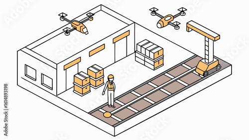 Isometric view of a warehouse with drones, worker, boxes, and automated transport system present inside it