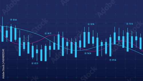 Financial market digital graph with blue neon bars on dark virtual background, showing stock growth and currency exchange concept illustration.