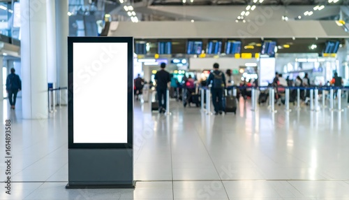 Blank Digital Signage Mockup at a Modern Airport
A digital signage mockup with a blank screen located in a modern airport departure hall. The background shows travelers and flight information boards