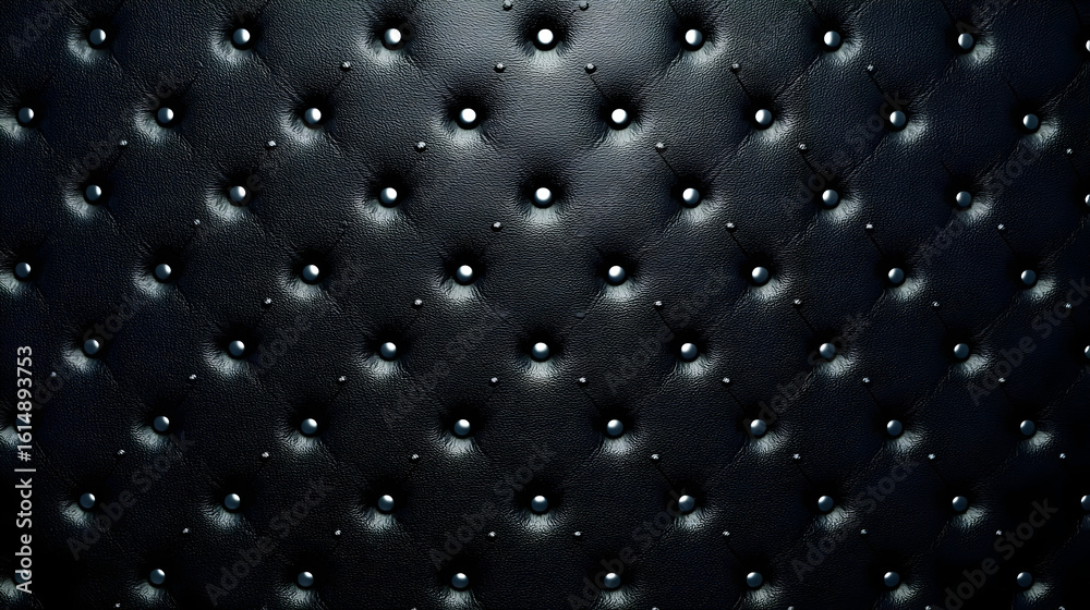 Fototapeta premium Dark, black leather upholstery with diamond-shaped quilting and small, metallic studs