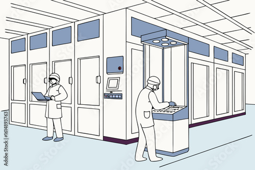 Workers in cleanroom attire operating equipment and using a laptop in a sterile environment setting