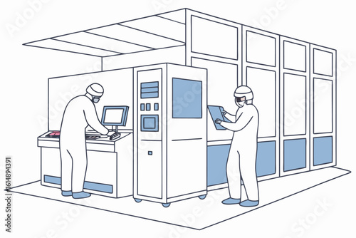 Two people in clean suits working with equipment and a computer in a cleanroom environment setting