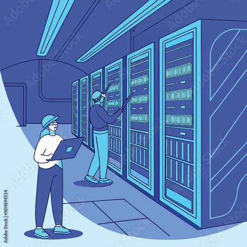 Two technicians inspecting servers in a data center with one holding a laptop for analysis and monitoring