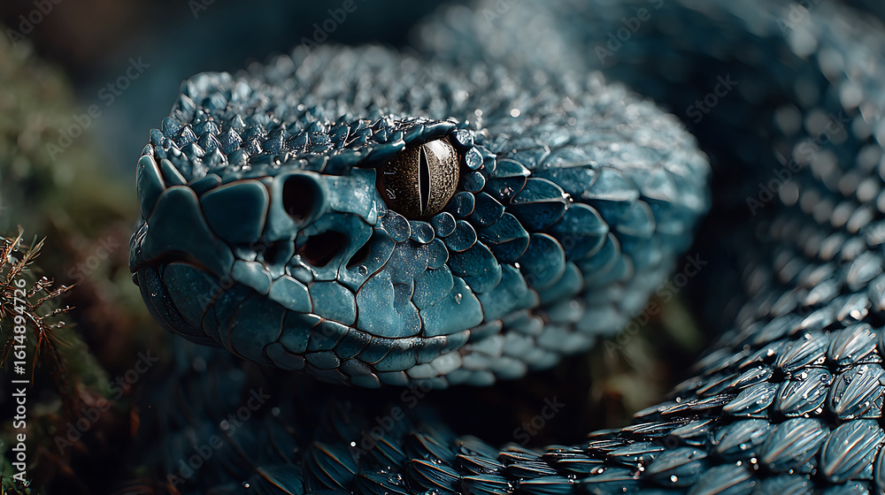 Fototapeta premium A closeup macro shot of a dark blue viper snakes head with intricate scales and a piercing eye