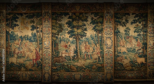 Elegant vintage tapestry depicts dramatic medieval hunting scene with horses, dogs, and boar