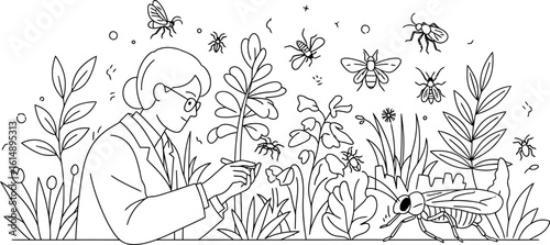 Biologist Studying Plants and Insects: Detailed Line Art Illustration of Nature Research