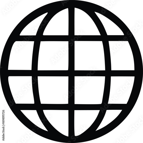 A simple black and white line art illustration of a stylized globe with intersecting lines representing longitude and latitude