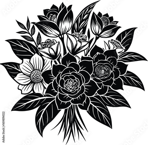 Φωτογραφία A detailed black and white woodcut style illustration of a lush bouquet featurin