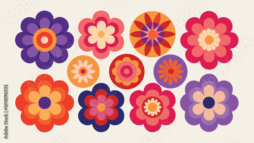 Vector art of a vibrant collection of retro style floral patterns