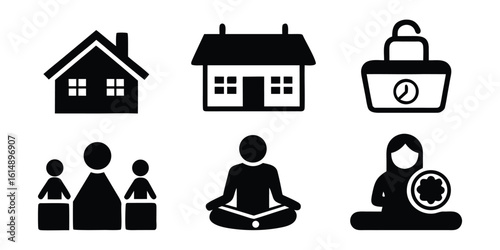 Vector art of icons depicting home, family, personal activities, and security.