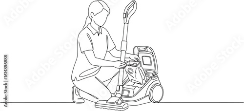 Continuous Line Art of Woman Preparing Vacuum Cleaner for Home Cleaning