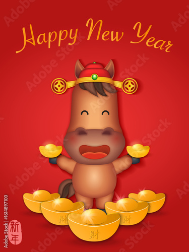 Chinese new year of cute cartoon horse holding scroll reel spring couplet and golden ingot. Chinese Translation : New year