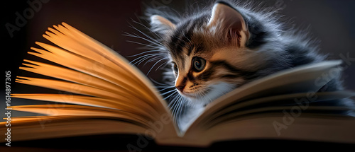 Curious kitten, open book, golden light